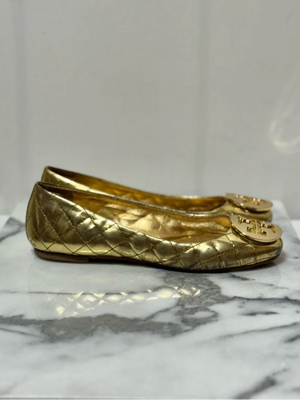 Tory Burch Quinn Metallic Gold Quilted Logo Slip-On Ballet Flats